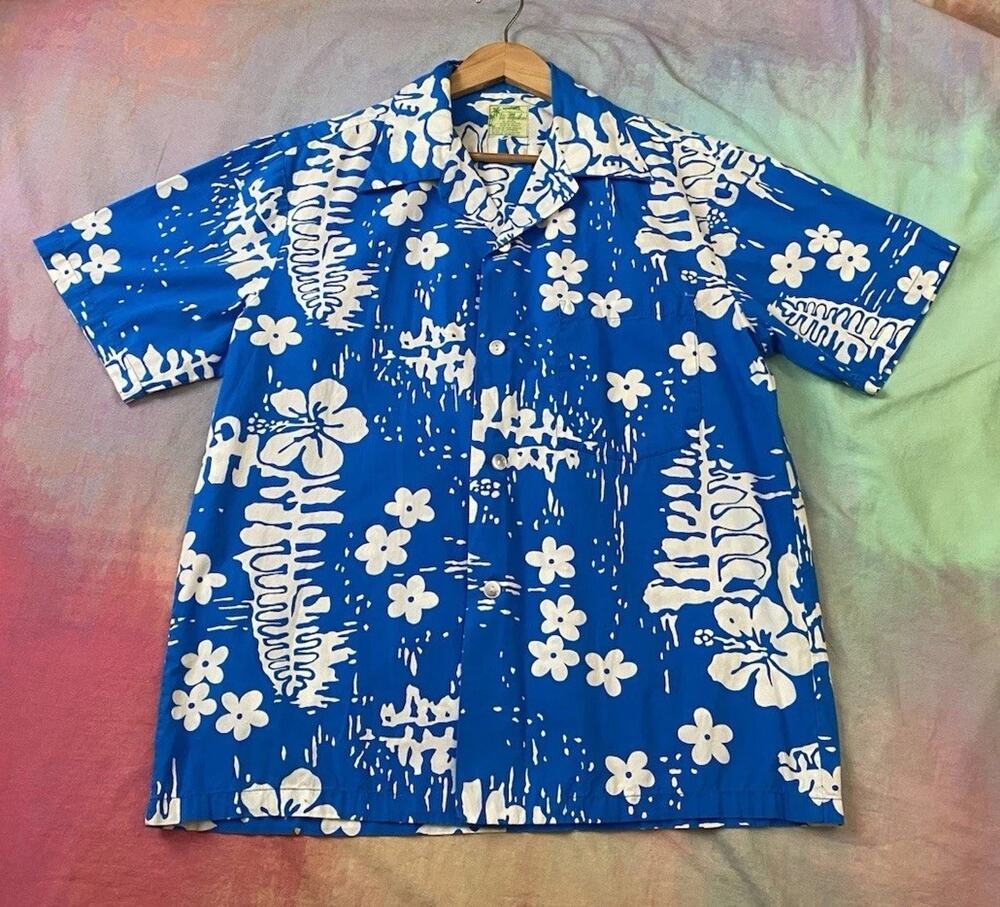 Vintage 60s 70s UI MAIKAI Hawaiian Aloha Camp Shirt Floral Blue Floral Mens Sz L